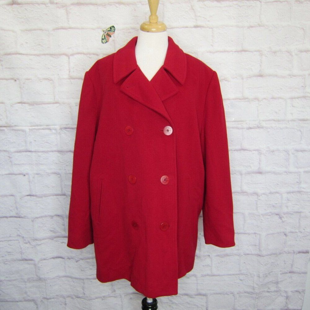 LL Bean Red Wool Cashmere Thinsulate Anchor Button Lined Pea Coat Size 20